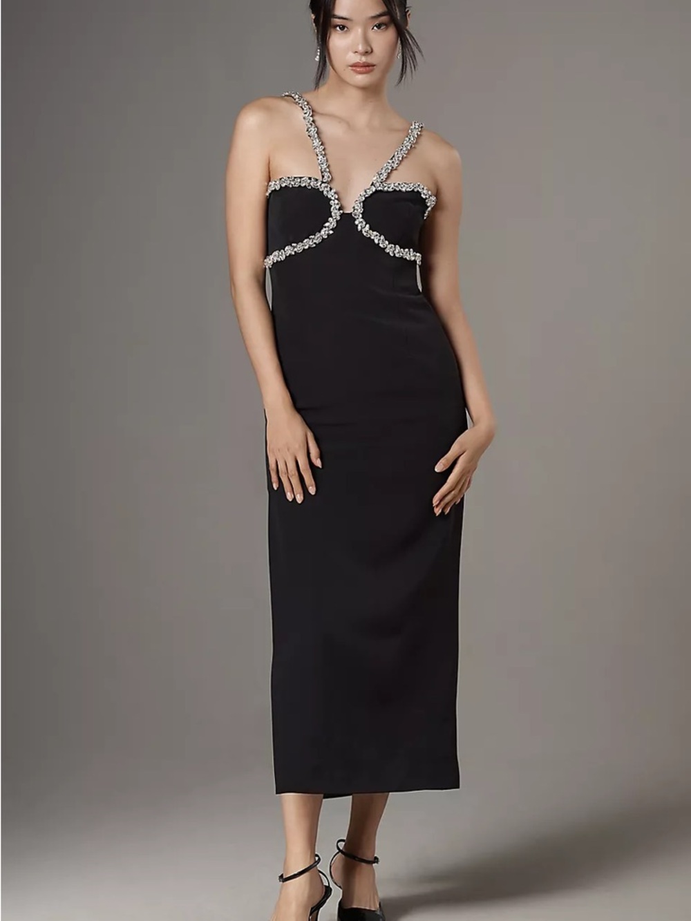 Anthropologie Black Midi Dress with Crystal-Strap Detail